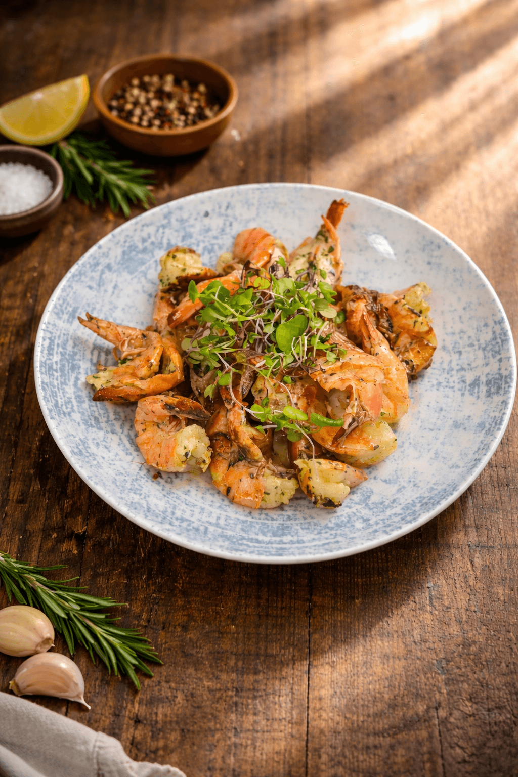 Fire & Ice Spicy Shrimp — tail-on shrimp with herbs and garnish on a ceramic plate