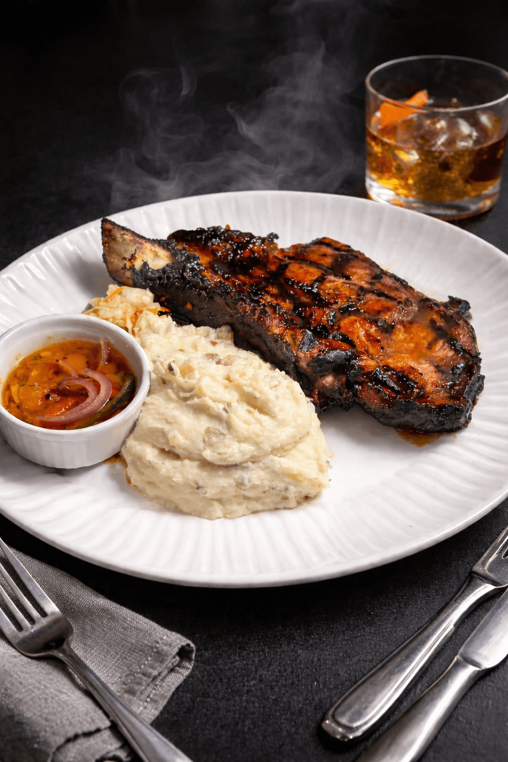 Ribs with mashed potatoes, pepper relish, and steam over a dark table