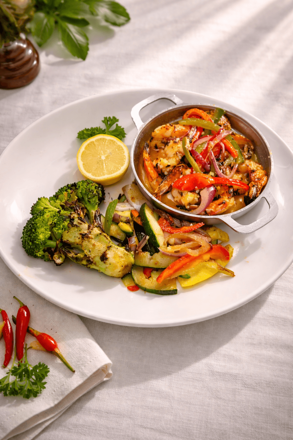 Shrimp (Ecrevisse) plate with peppers, skillet-style shrimp, broccoli, vegetables, and lemon